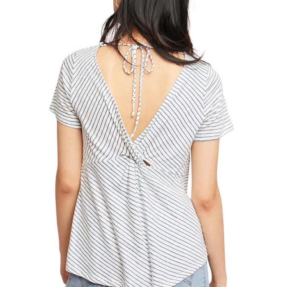 Anthropologie Maeve Horizon T-shirt 100% linen blue white striped S